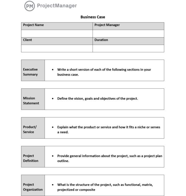 ProjectManager's business case template which can be used during the preconstruction phase