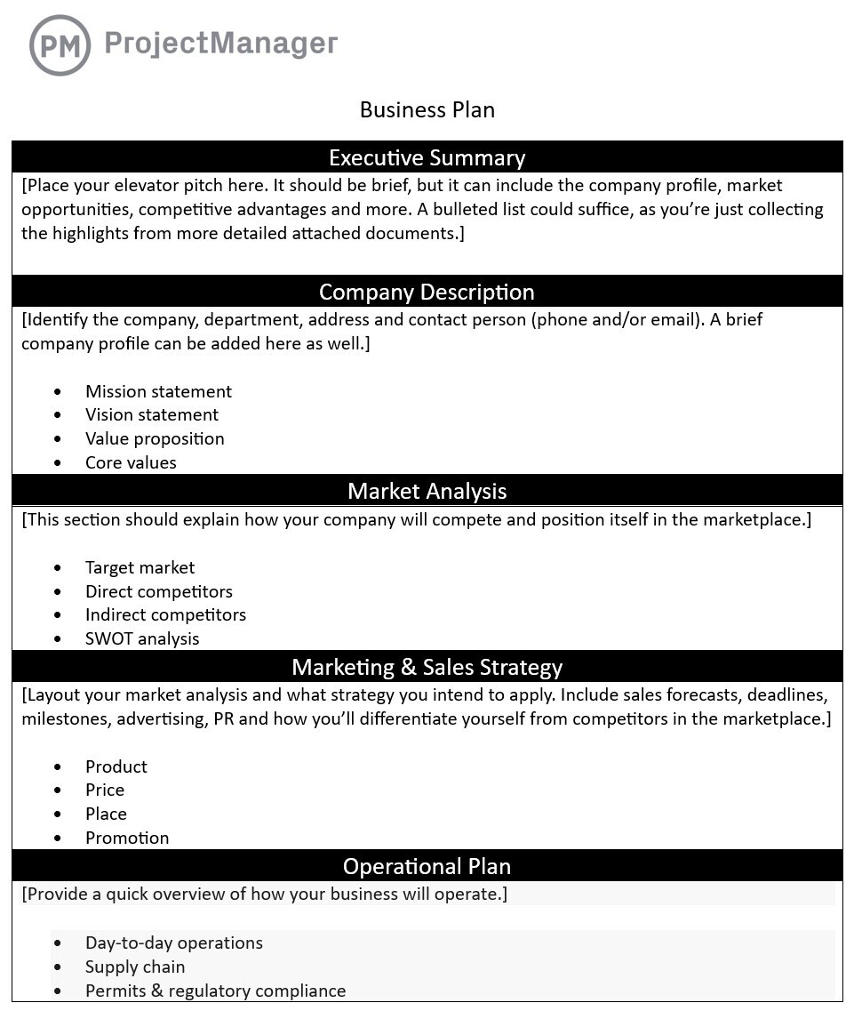 ProjectManager's free business plan template for Word.