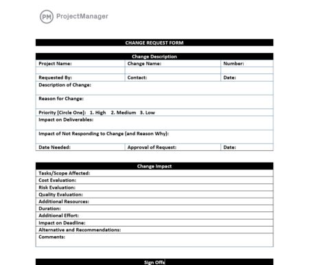 ProjectManager's change request template. Free download