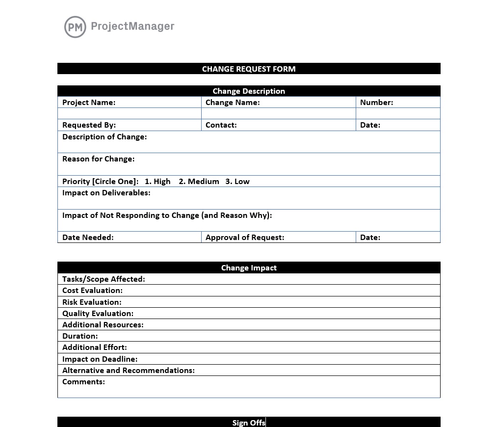 ProjectManager's change request form