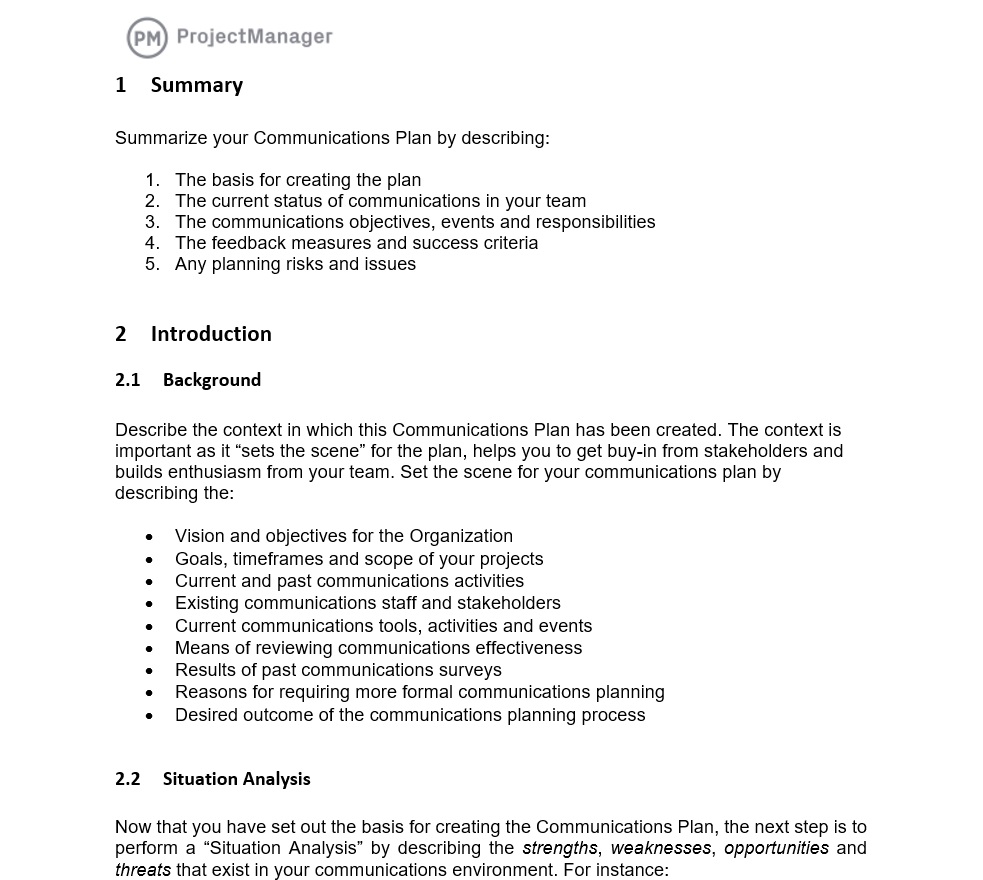 Communication plan template in ProjectManager