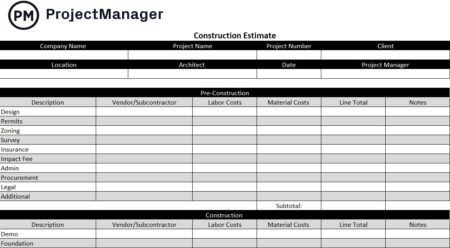 Construction estimate template