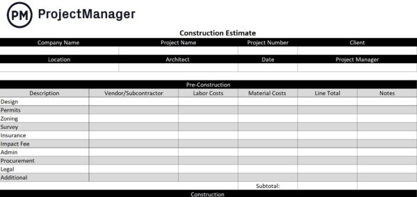 Construction estimate template