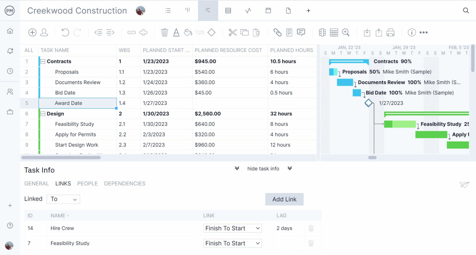 A screenshot of Gantt chart task dependencies on the Gantt chart in ProjectManager