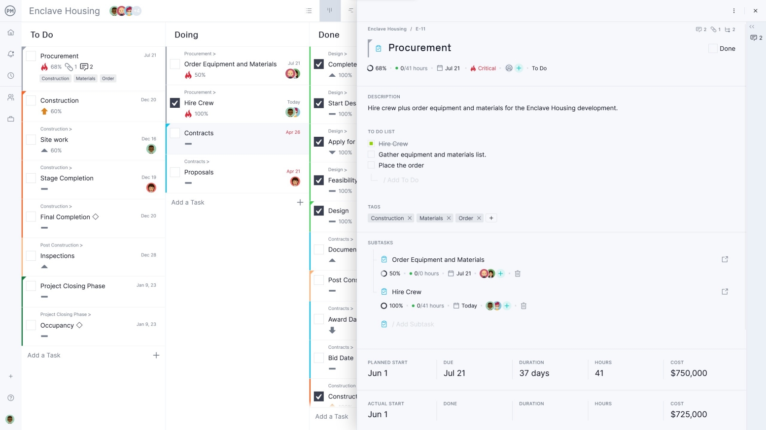 Kanban board with task card popup in ProjectManager