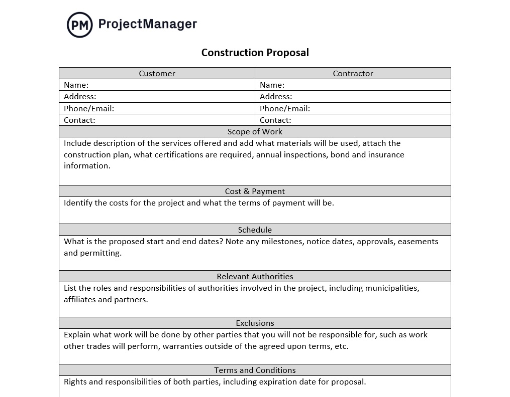 ProjectManager's construction proposal template