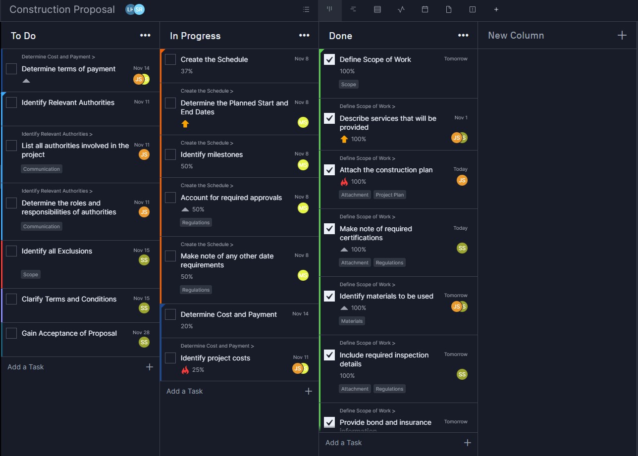 Construction proposal template in ProjectManager