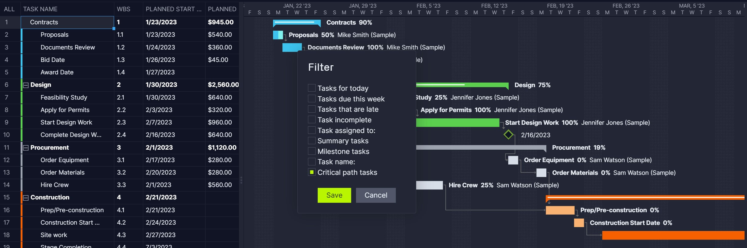 ProjectManager allows you to filter for the critical path on the Gantt chart