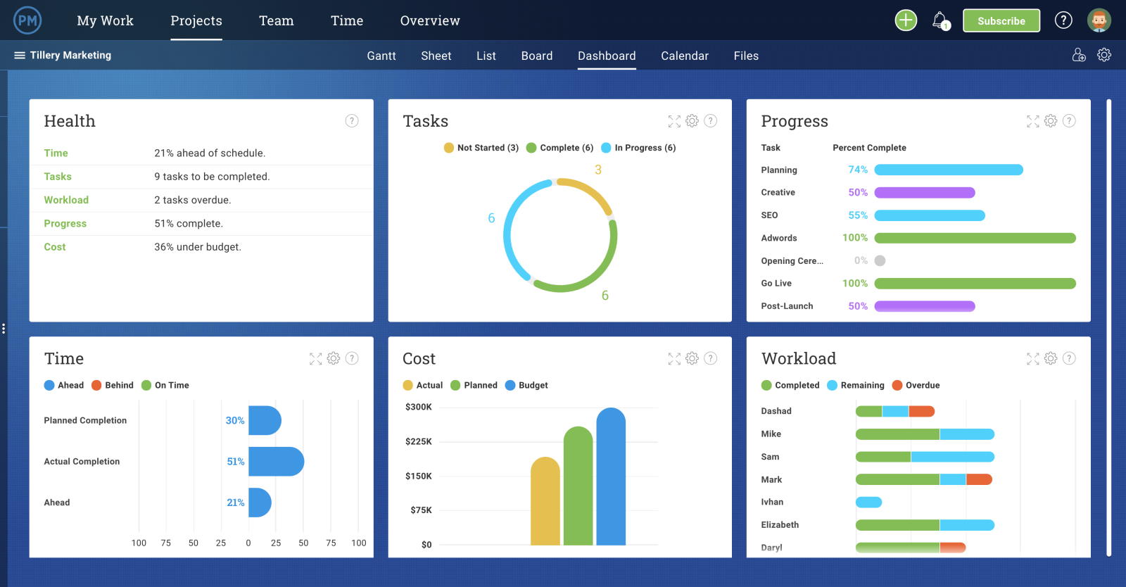 A screenshot of a KPI dashboard for a marketing project in ProjectManager