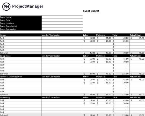 Event budget template for Excel