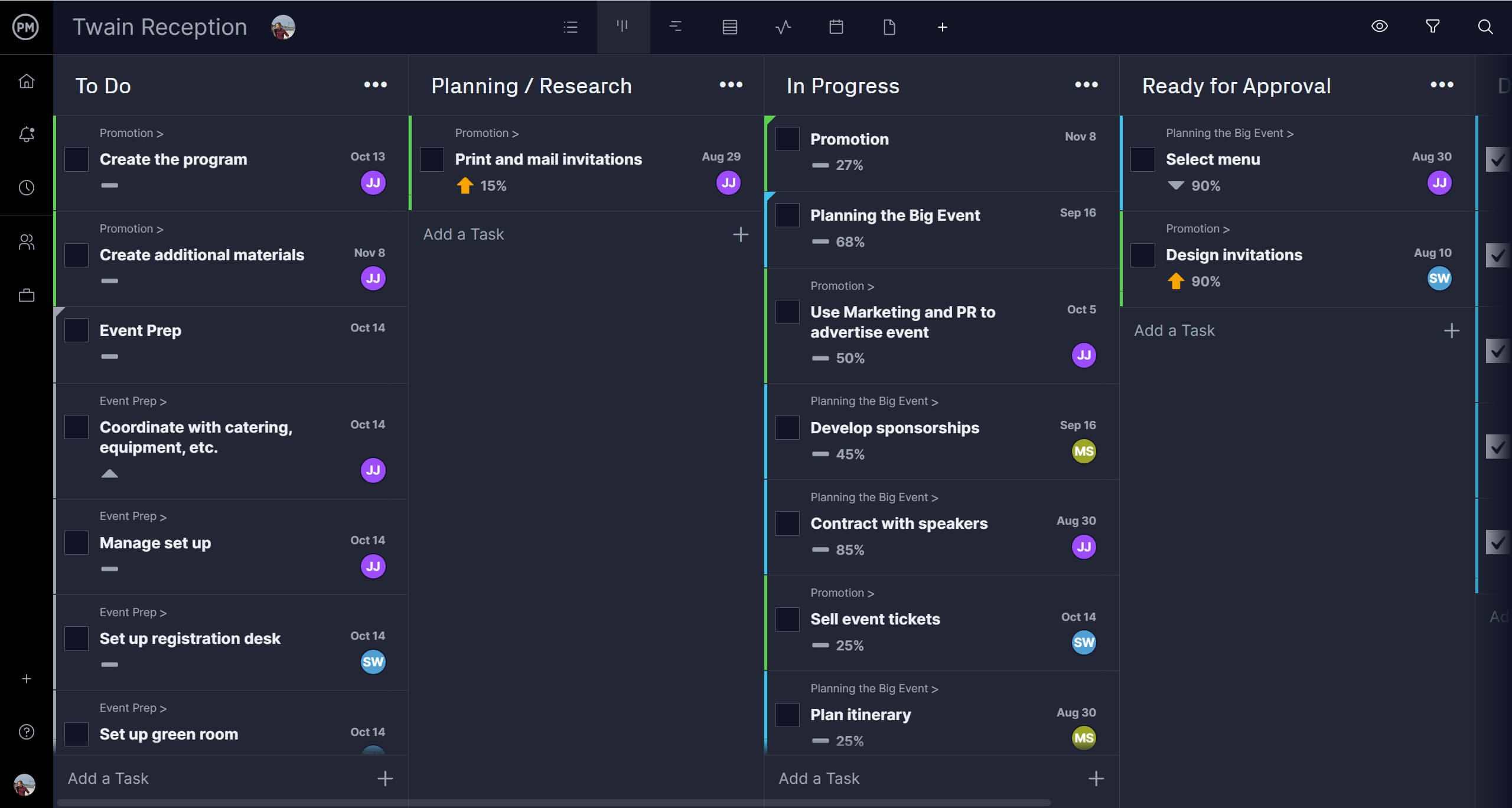 Event plan on a kanban board