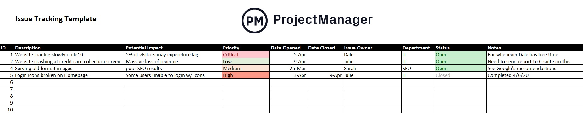 Excel issue tracking template