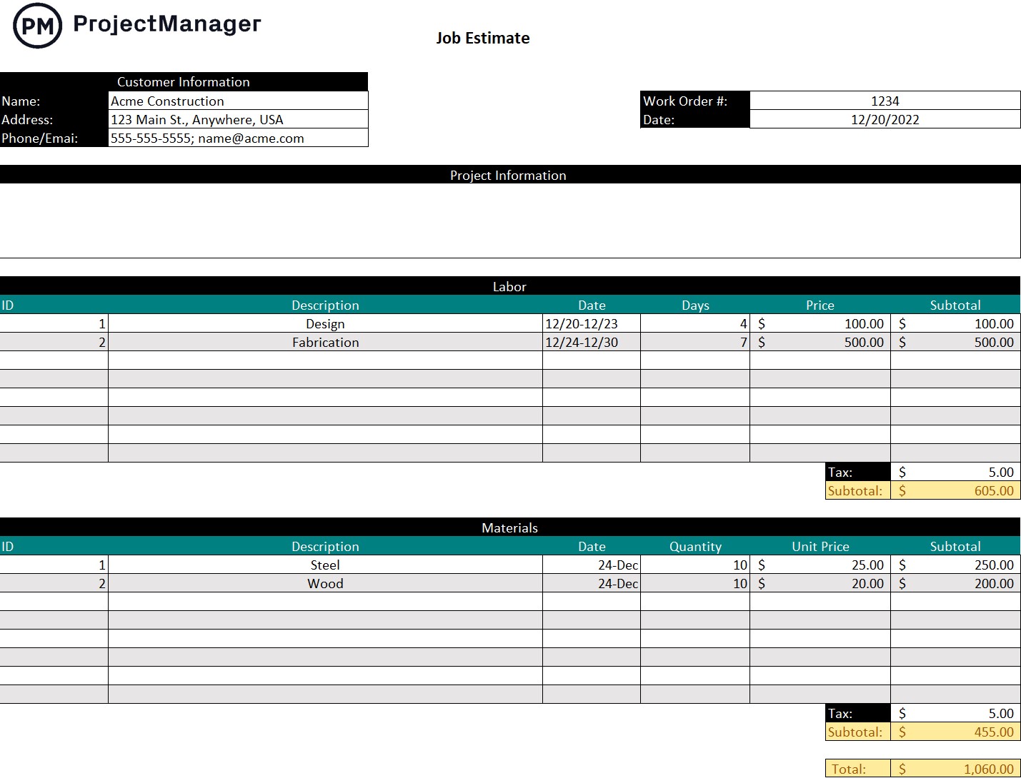 Job estimate template ProjectManager, a Manufacturing Excel Template