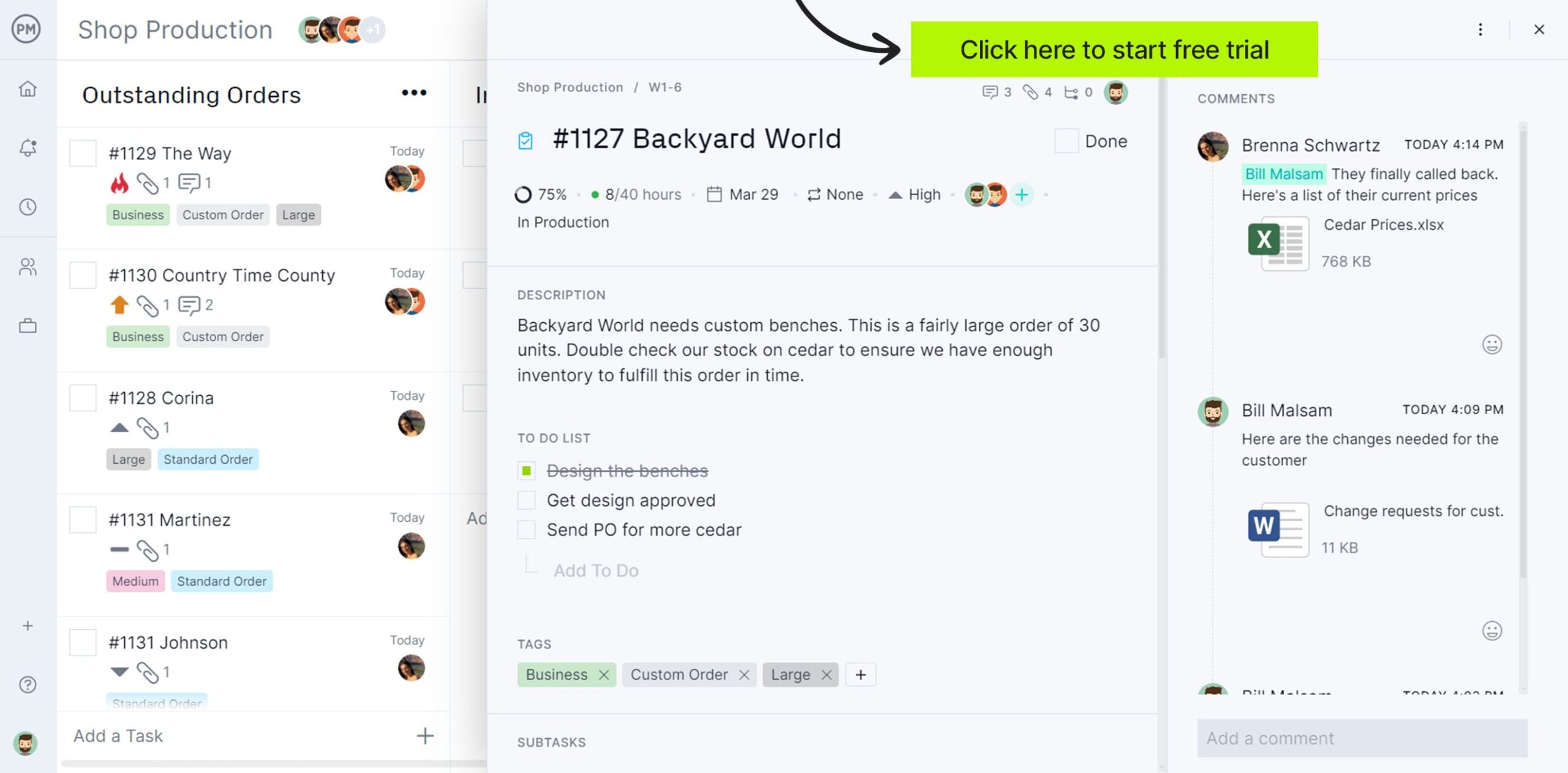 Kanban board with open task card in ProjectManager