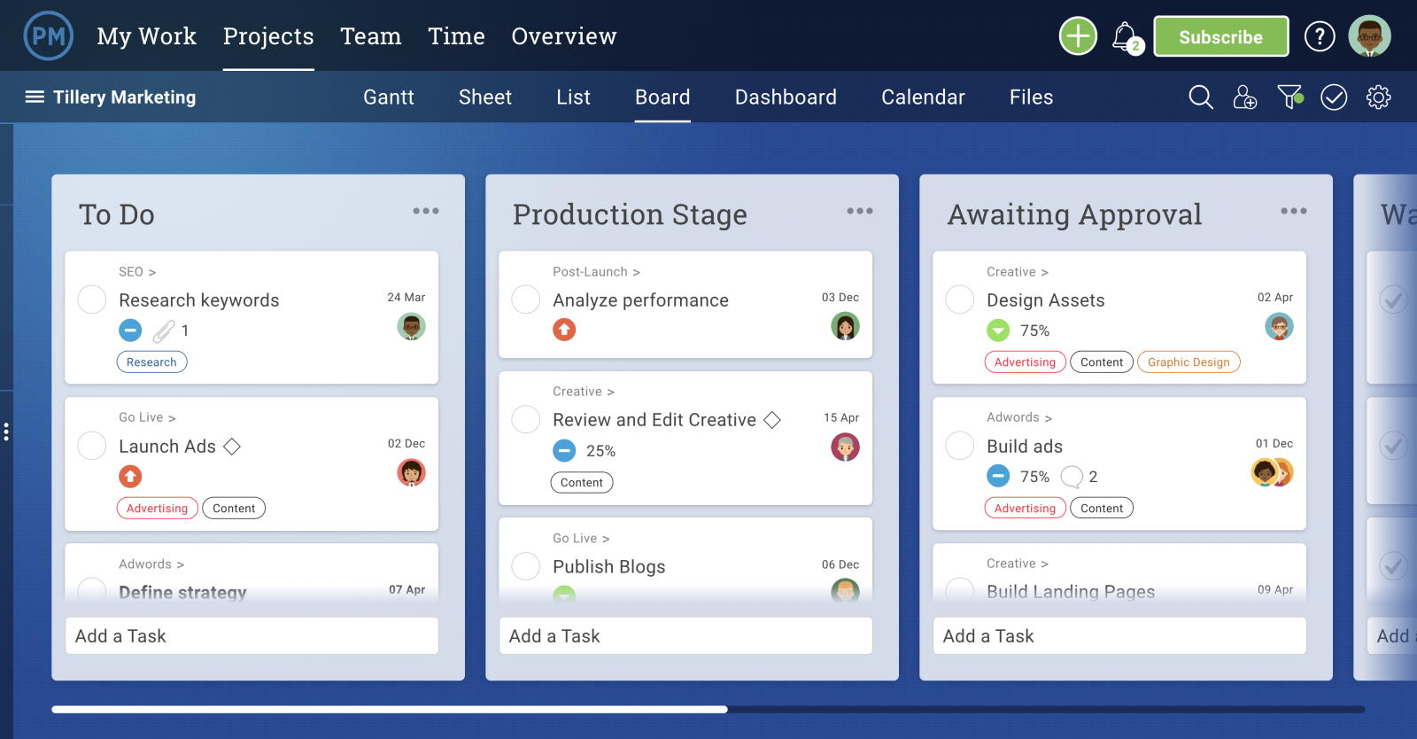 A screenshot of the kanban board in ProjectManager, which shows tasks for a marketing project