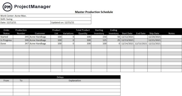 Production schedule template for Excel