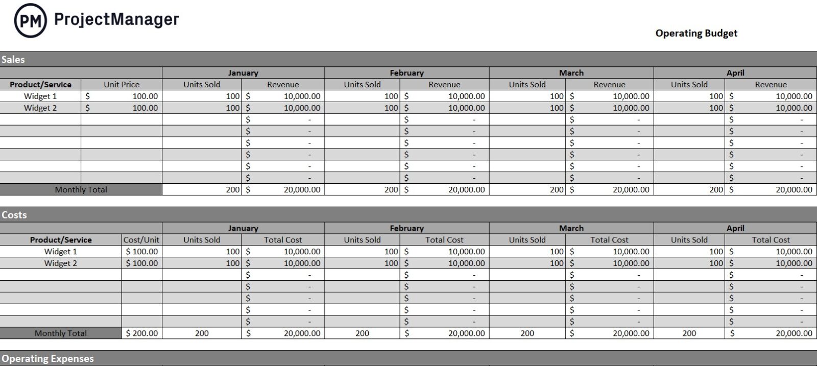 Free operating budget template for Excel