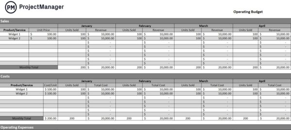 Operating budget template screenshot in ProjectManager