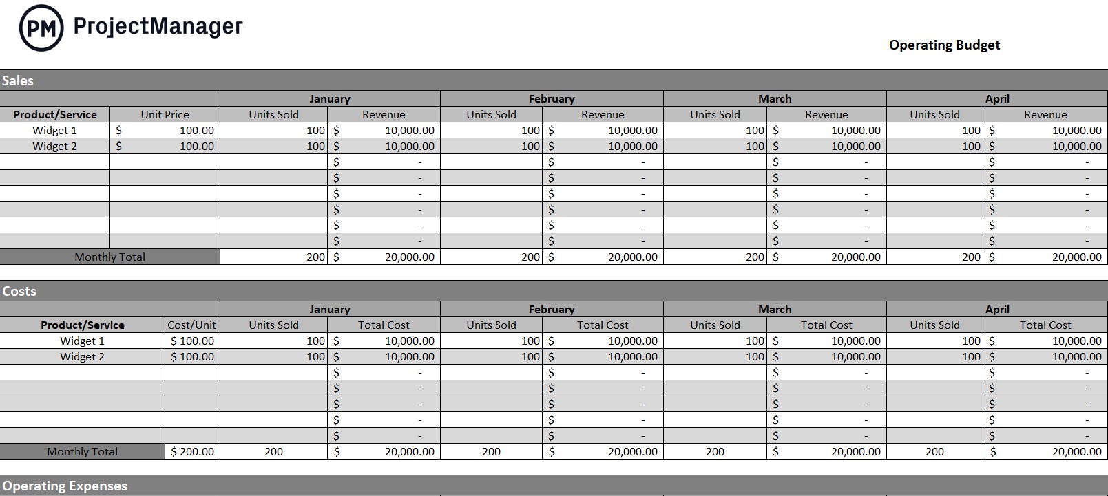 Operating budget tracking spreadsheet for Excel