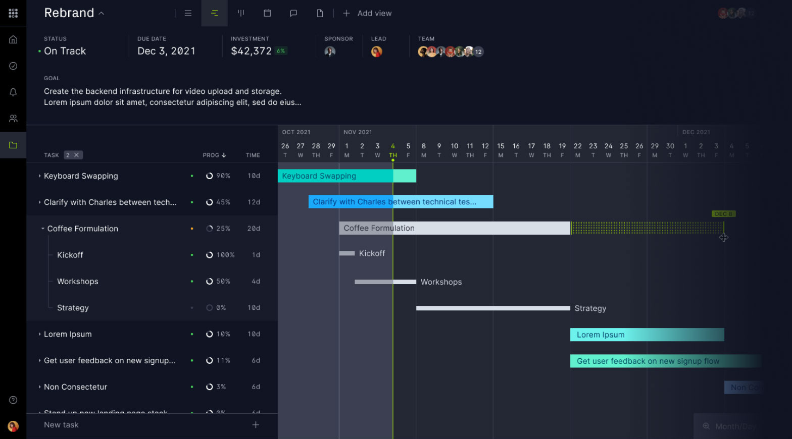 Business process software with Gantt charts