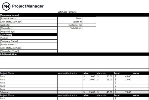 Project estimate template for Excel