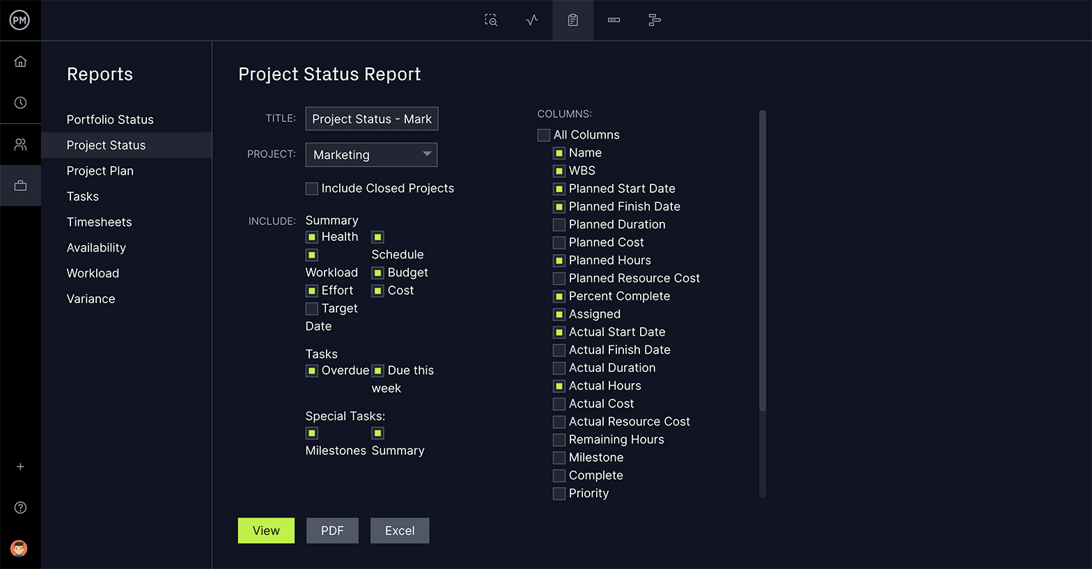 Creating project reports in ProjectManager