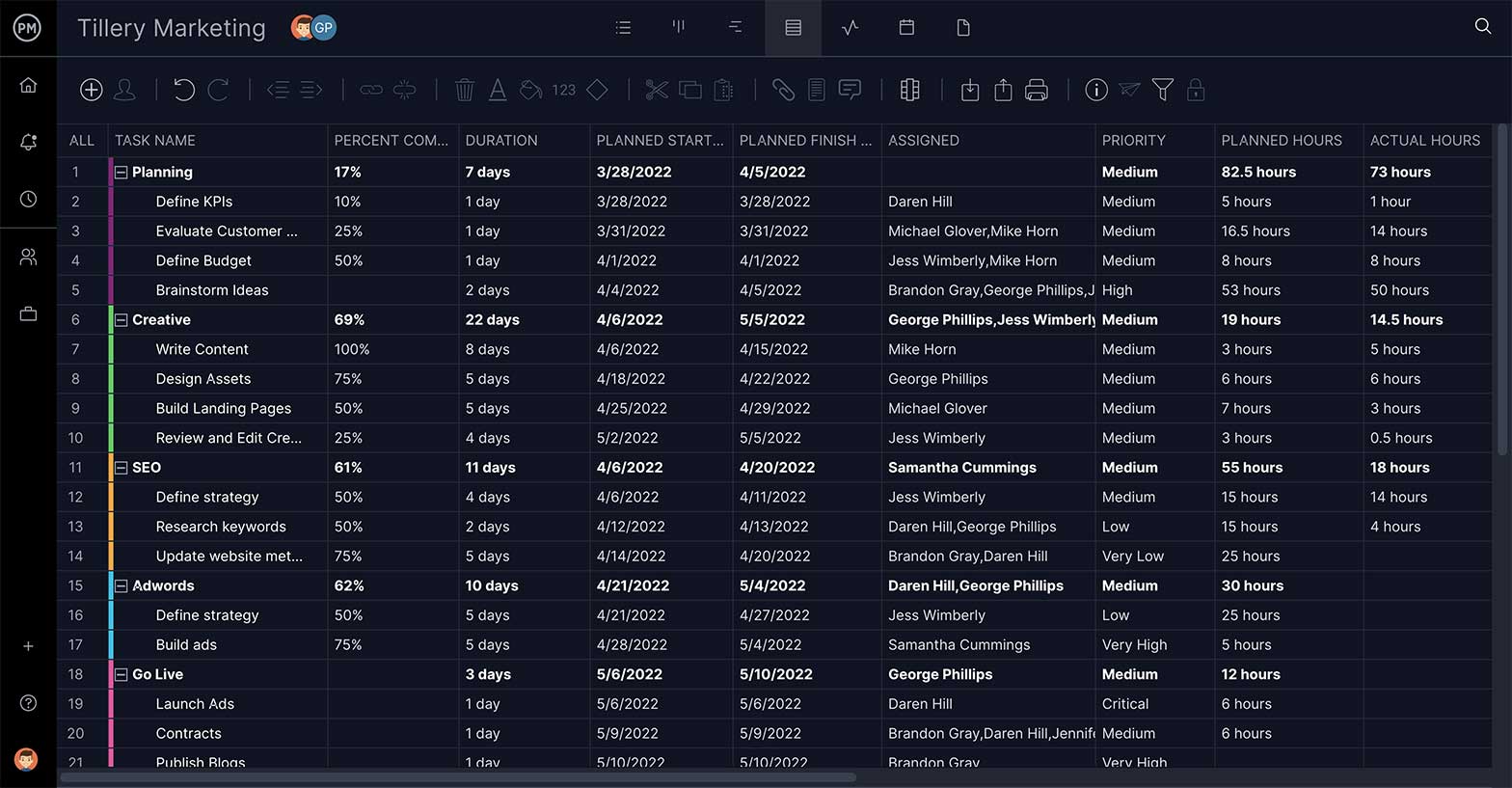 ProjectManager's sheet view with marketing plan