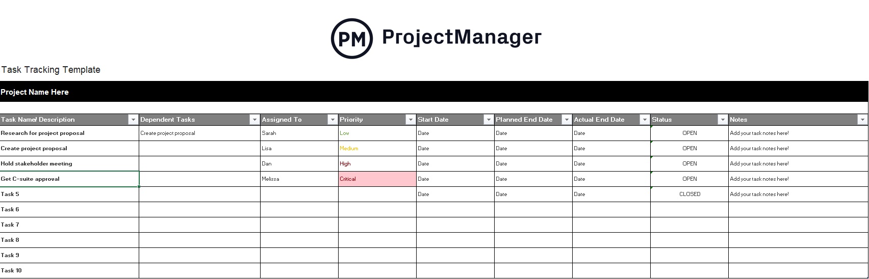 Task Tracking Template for Excel project management