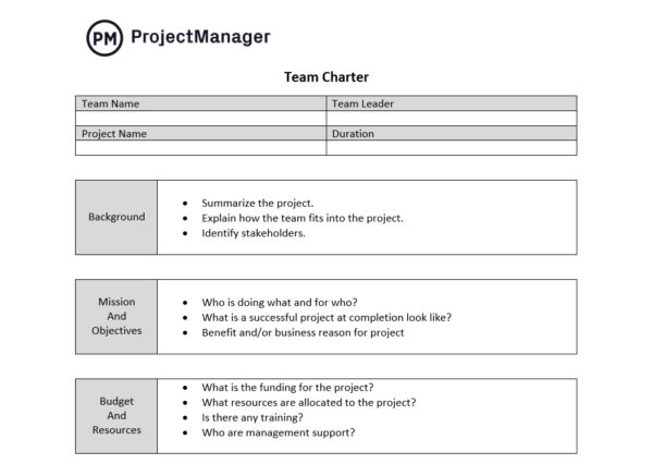 Team charter template screenshot