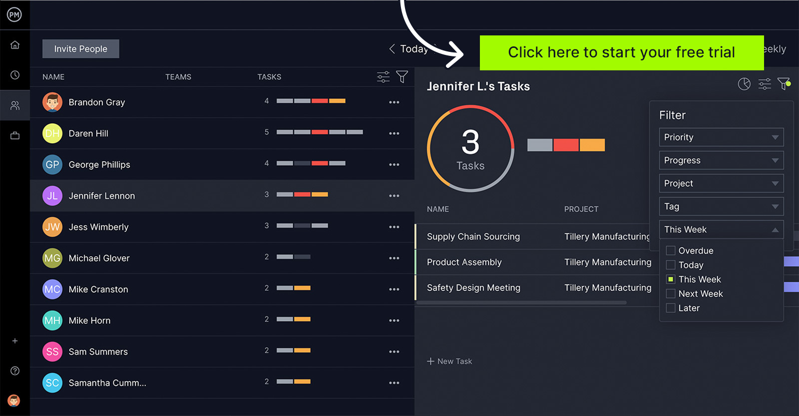 ProjectManager's team management tool, showing details from a manufacturing team