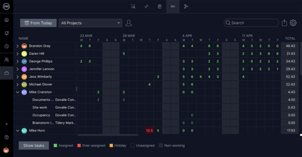 A screenshot of the task workload page in ProjectManager