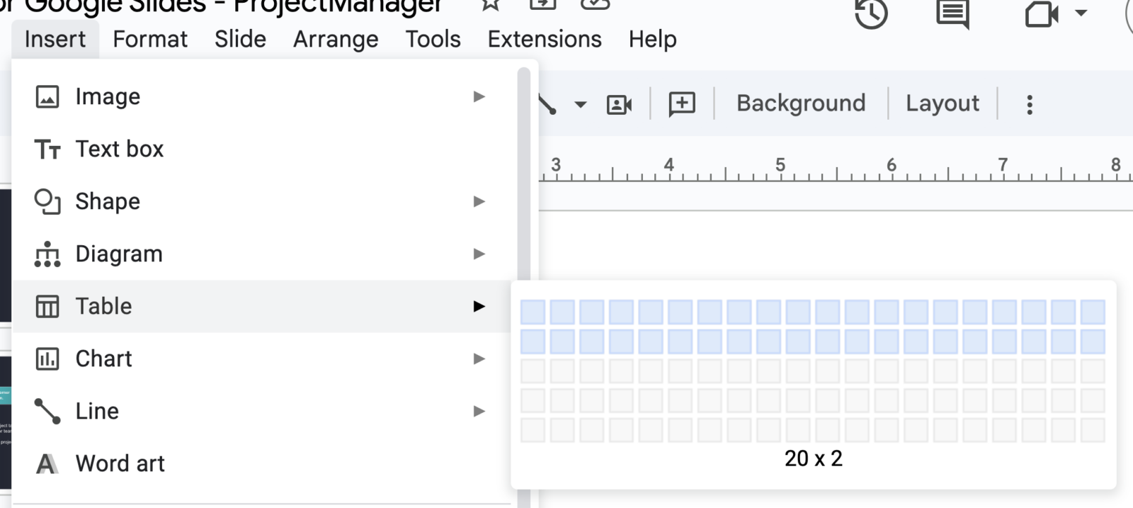 Inserting a table to make a Gantt chart in Google Slides