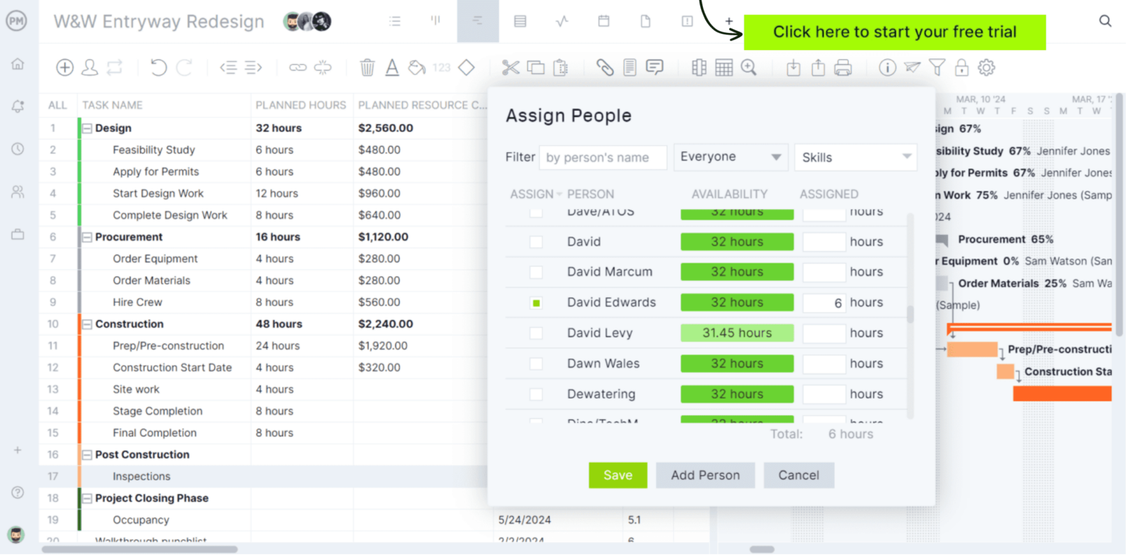 Gantt chart with assign people popup in ProjectManager