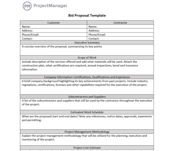 ProjectManager's bid proposal template for Word