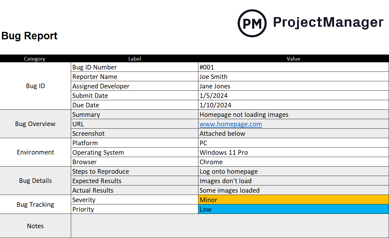 ProjectManager's bug report template