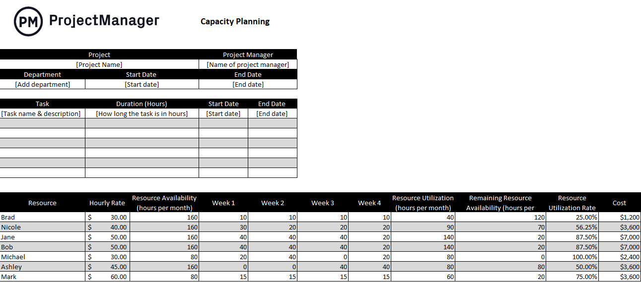 Capacity planning template ProjectManager, a Manufacturing Excel Template