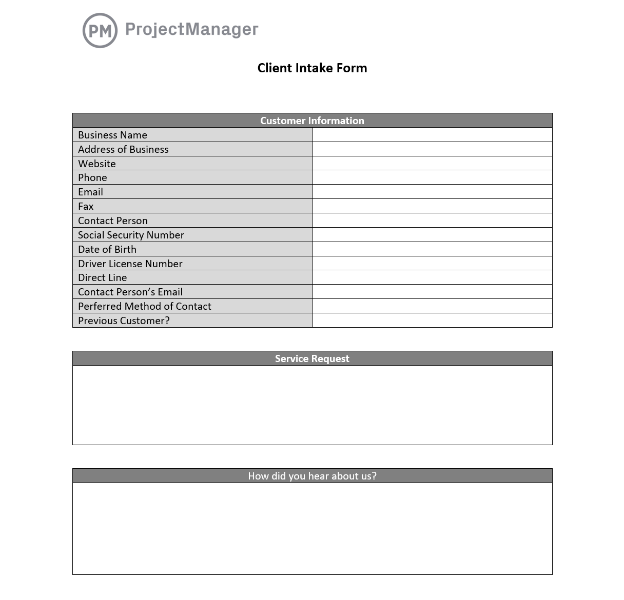 ProjectManager's client intake form for Word