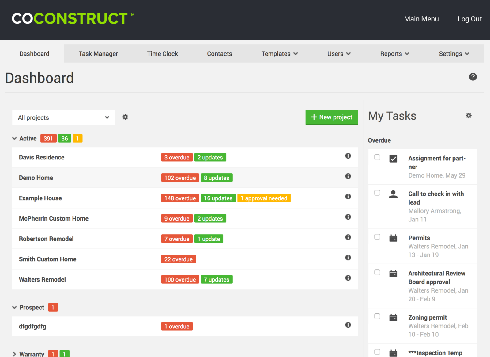 Coconstruct's dashboard is an important feature of this construction estimating software