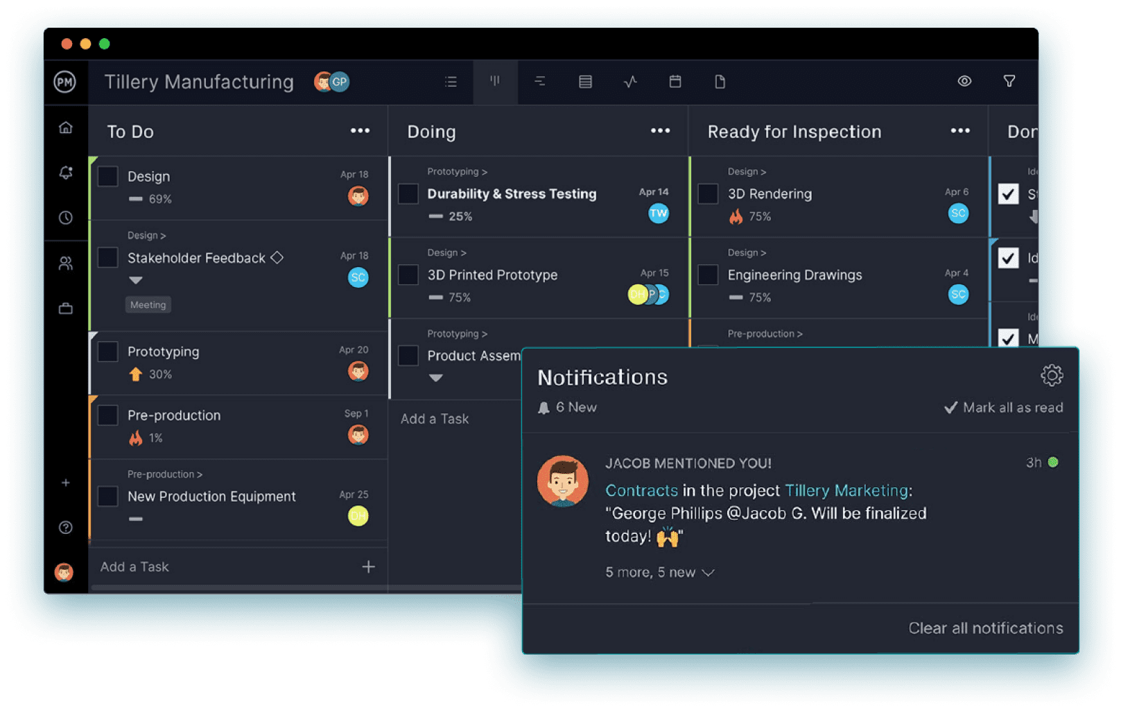 ProjectManager, task management software showing a kanban board