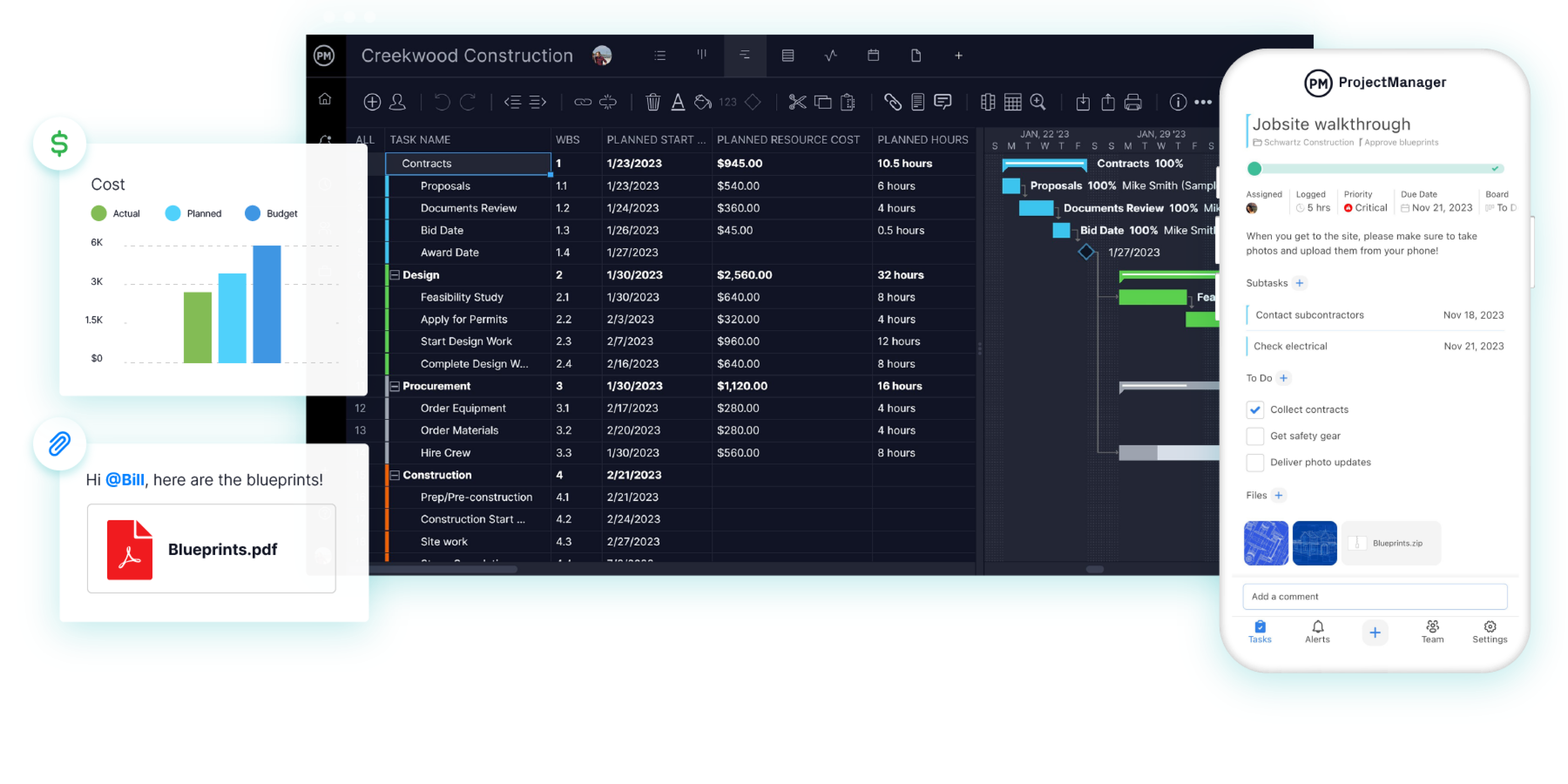 Construction project management software with a Gantt chart, dashboard and mobile app