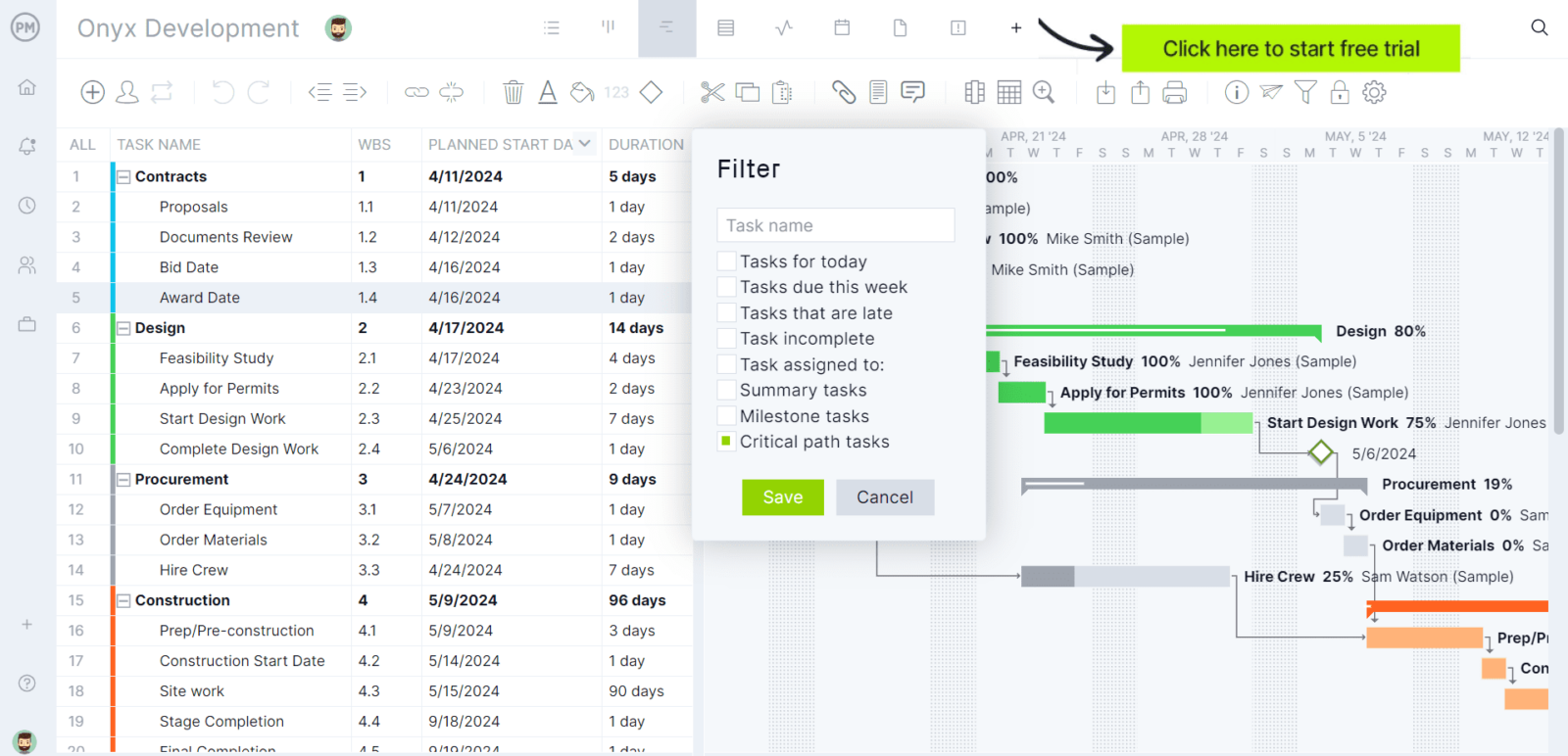 ProjectManager's Gantt chart is the perfect tool for tracking project progress. It allows to track tasks, costs and deadlines