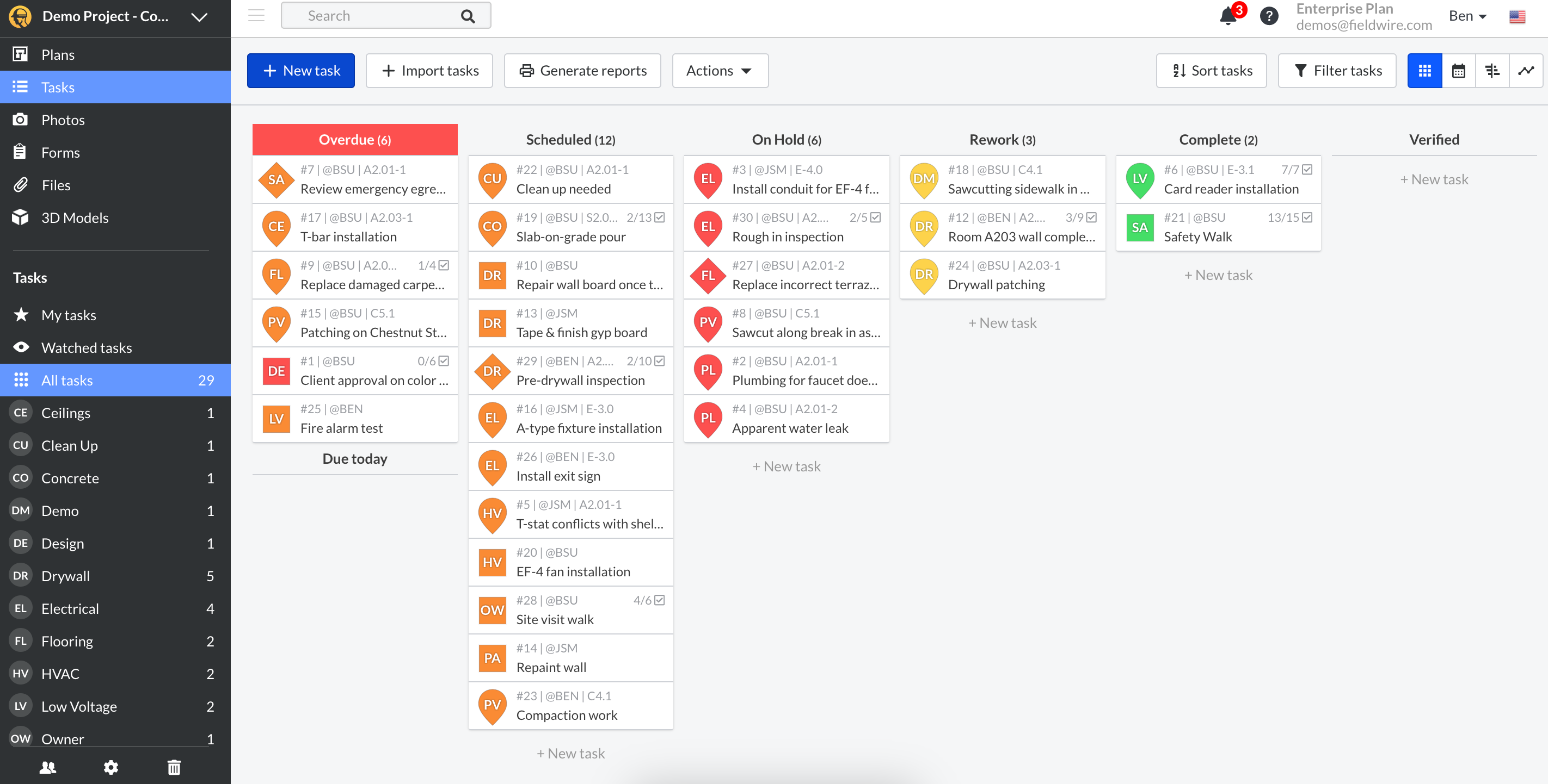 Fieldwire's kanban board makes it one of the best Buildertrend alternatives for making punch lists