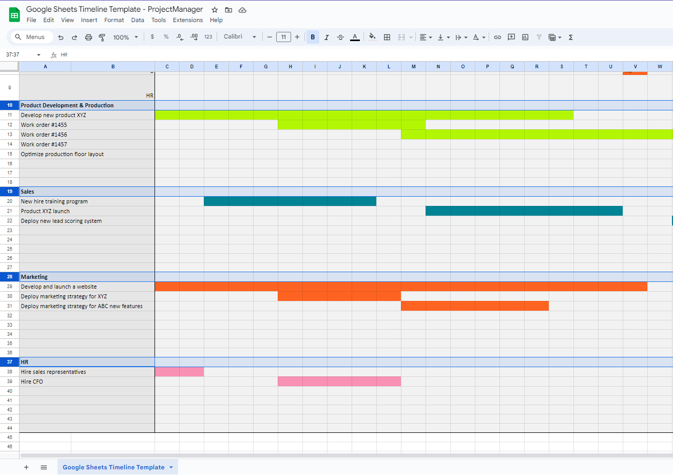 Tasks and colored cells on a Google Sheets Timeline Template