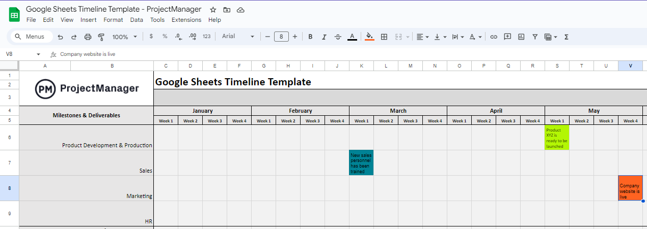 Milesontes and deliverables on the Google Sheets Timeline Template