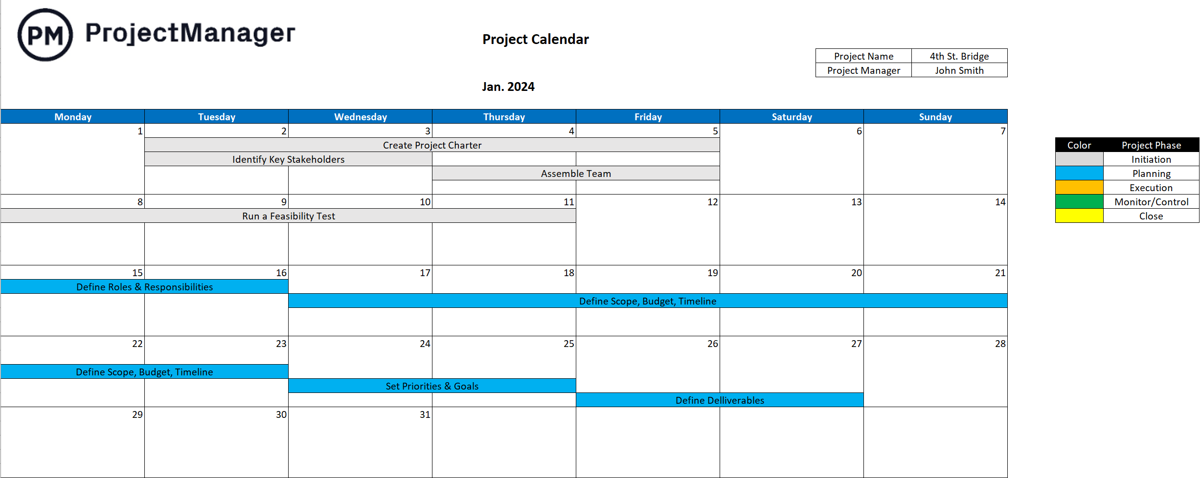 Free project calendar template for Excel 2024