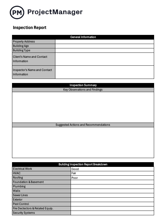 Free inspection report template for Excel