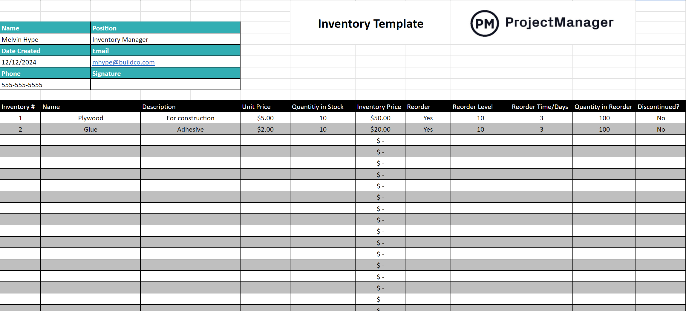 ProjectManager's Google Sheet inventory template