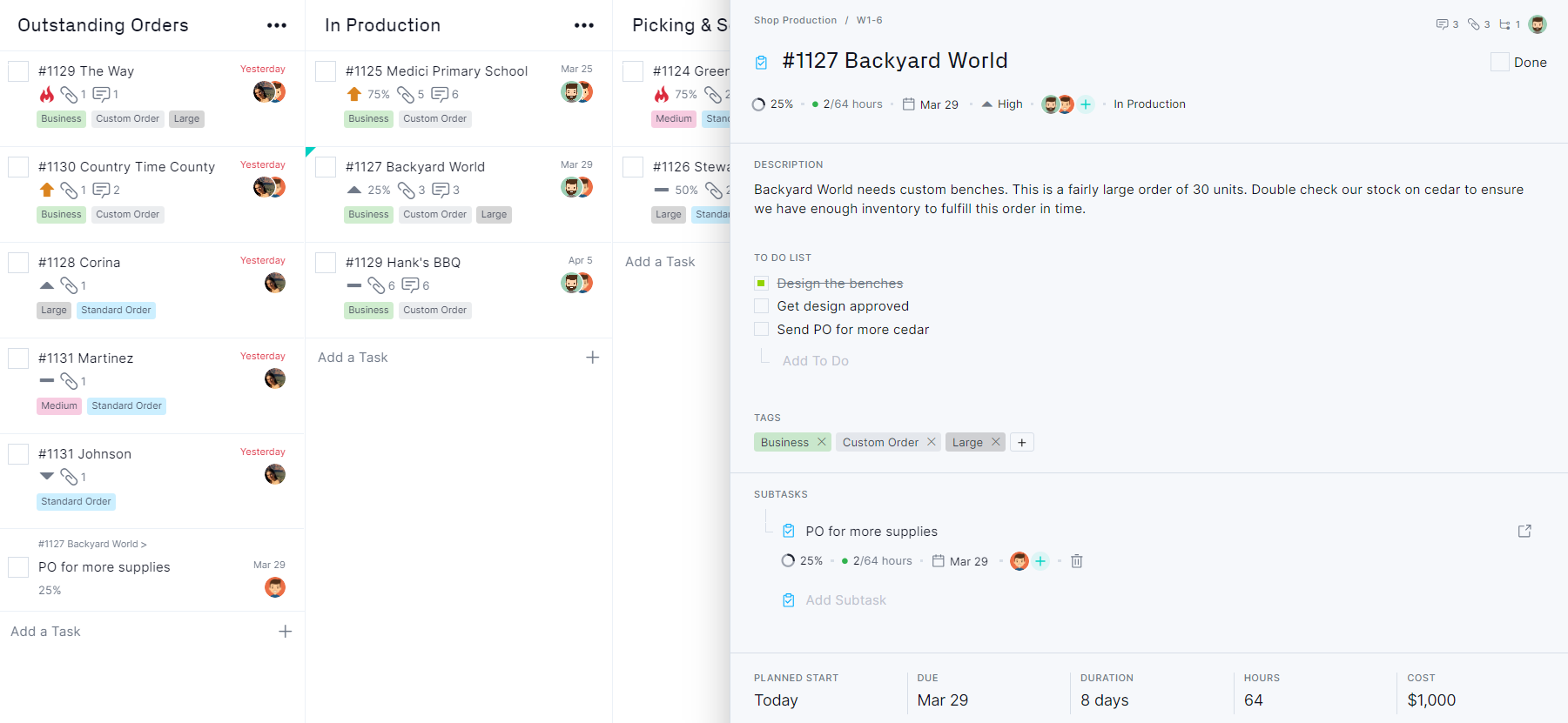 Tasks in the ProjectManager kanban board view