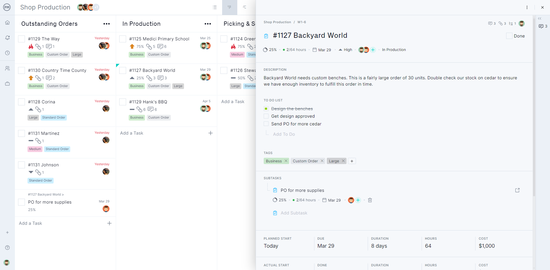 ProjectManager's kanban card with task card