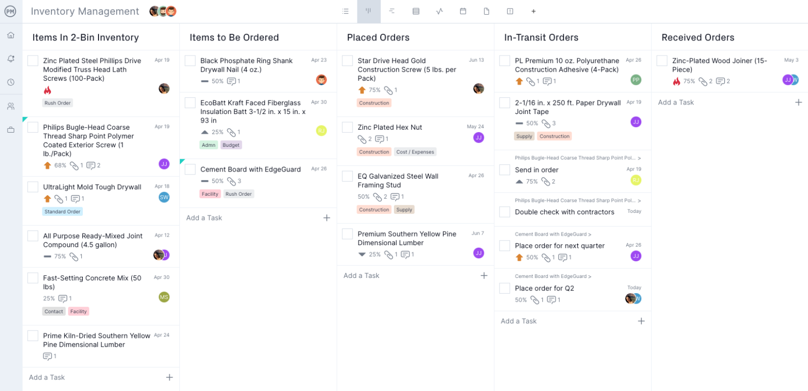 Kanban board inventory management